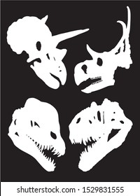 Graphical set of dinosaur skull silhouettes isolated on black background,vector illustration for tattoo and printing