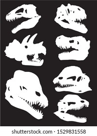 Graphical set of dinosaur skull silhouettes isolated on black background,vector illustration for tattoo and printing