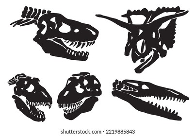 Conjunto gráfico de siluetas de cráneo de dinosaurios aisladas en fondo blanco, ilustración vectorial para tatuaje e impresión