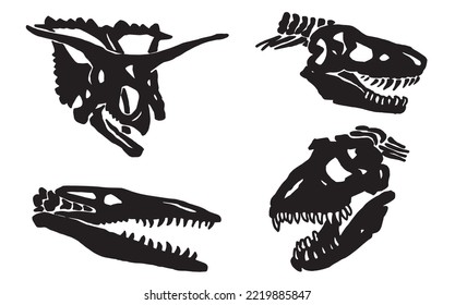 Graphical set of dinosaur skull silhouettes isolated on white background,vector illustration for tattoo and printing