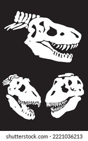 Graphical set of dinosaur skull silhouettes isolated on black background,vector illustration for tattoo and printing