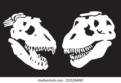 Graphical set of dinosaur skull silhouettes isolated on black background,vector illustration for tattoo and printing