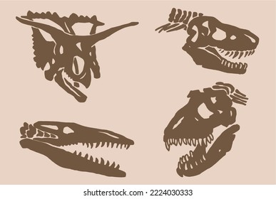 Graphical set of dinosaur skull silhouettes on sepia background,vector vintage illustration 