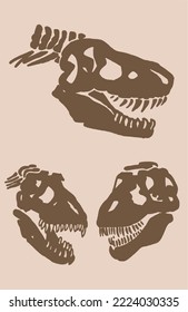 Graphical set of dinosaur skull silhouettes on sepia background,vector vintage illustration 