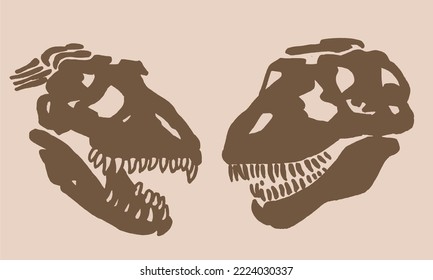 Graphical set of dinosaur skull silhouettes on sepia background,vector vintage illustration 