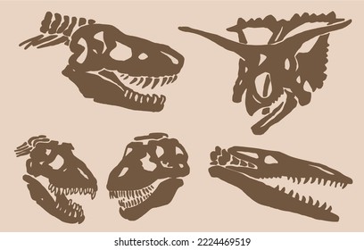 Graphical set of dinosaur skull silhouettes on sepia background,vector vintage illustration 