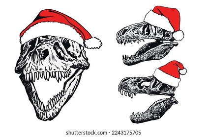 Graphical  set of dinosaur skulls  in Santa Claus red hat isolated on white background,vector Christmas elements