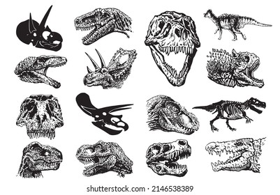 Graphical set of dinosaurs heads isolated on white background,vector illustration for tattoo and printing