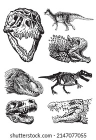 Graphical set of dinosaurs heads isolated on white background,vector illustration for tattoo and printing