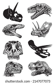 Graphical set of dinosaurs heads isolated on white background,vector illustration for tattoo and printing