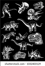Graphical set of dinosaurs isolated on black background,vector