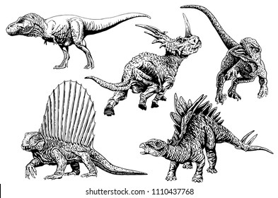 Graphical set of dinosaurs isolated on white background,tattoo illustration,vector