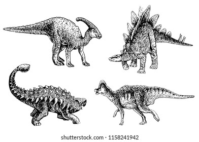 Graphical set of dinosaurs isolated on white,vector ankylosaurus,stegosaurus,parazaurolophus,koritozaurus