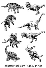 Graphical set of dinosaurs isolated on white background,vector illustration for tattoo and printing
