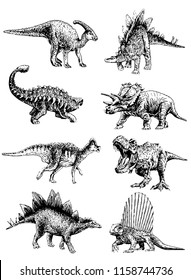 Graphical set of dinosaurs isolated on white background,vector illustration for tattoo and printing