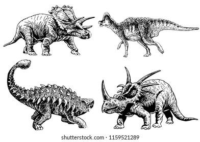 Graphical set of dinosaurs isolated on white background,vector sketch for tattoo and printing