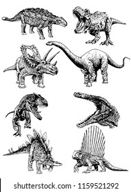 Graphical set of dinosaurs isolated on white background,vector sketch for tattoo and printing