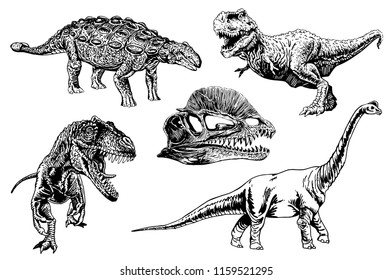 Graphical set of dinosaurs isolated on white background,vector sketch for tattoo and printing