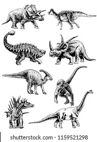 Graphical set of dinosaurs isolated on white background,vector sketch for tattoo and printing