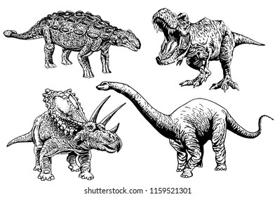 Graphical set of dinosaurs isolated on white background,vector sketch for tattoo and printing