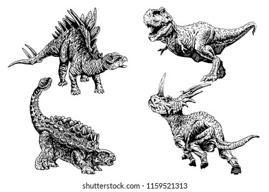 Graphical set of dinosaurs isolated on white background,vector sketch for tattoo and printing