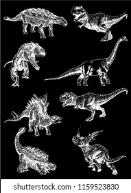 Graphical set of dinosaurs isolated on black background,vector engraved illustration