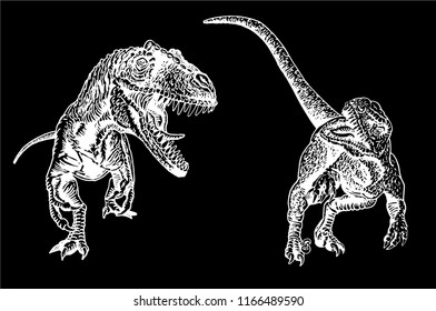 Graphical set of dinosaurs isolated on black background,vector sketch