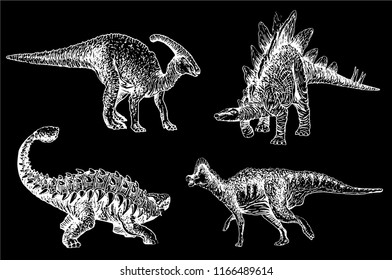 Graphical set of dinosaurs isolated on black background,vector sketch