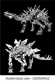 Graphical set of dinosaurs isolated on black background,vector engraved illustration
