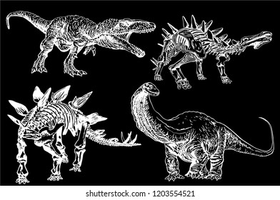 Graphical set of dinosaurs isolated on black background,vector engraved illustration