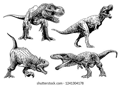 Graphical set of dinosaurs isolated on white background,vector sketchy illustration for tattoo and printing