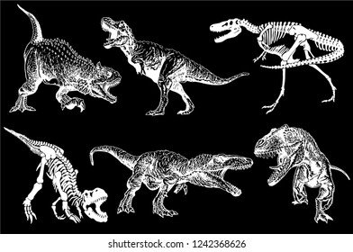 Graphical set of dinosaurs isolated on black background,vector sketch for tattoo and printing