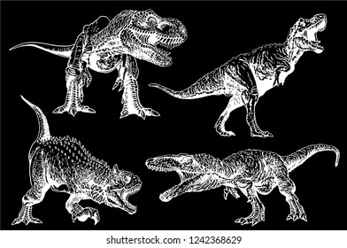 Graphical set of dinosaurs isolated on black background,vector sketch for tattoo and printing