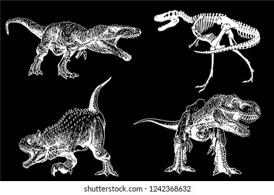 Graphical set of dinosaurs isolated on black background,vector sketch for tattoo and printing