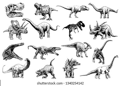 Graphical set of dinosaurs isolated on white background,vector illustration for tattoo and printing