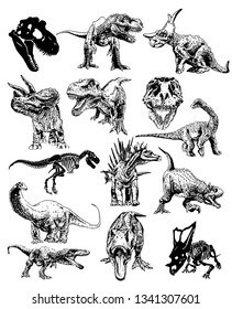 Graphical set of dinosaurs isolated on white background,vector illustration,tattoo  