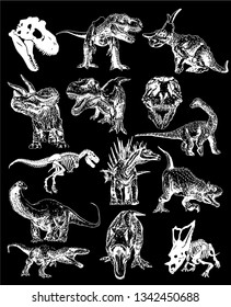 Graphical set of dinosaurs isolated on black background,vector illustration