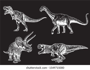Graphical set of dinosaurs isolated on black background,vector illustration	
