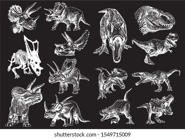 Graphical set of dinosaurs isolated on black background,vector illustration	
