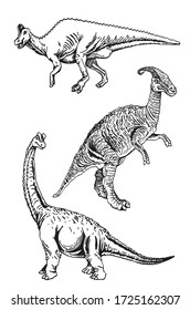Graphical set of dinosaurs isolated on white bakground, vector illustration