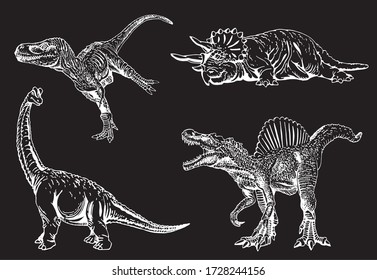 Graphical set of dinosaurs isolated on black  bakground, vector engraved  illustration	