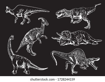Graphical set of dinosaurs isolated on black  bakground, vector engraved  illustration	