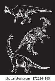 Graphical set of dinosaurs isolated on black  bakground, vector engraved  illustration	
