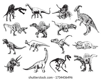 Graphical set of dinosaurs isolated on white background, vector illustration 