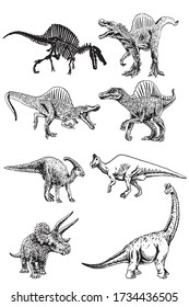 Conjunto gráfico de dinosaurios aislados en fondo blanco, ilustración vectorial 