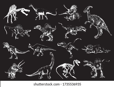 Graphical set of dinosaurs isolated on black background, vector engraved illustration 