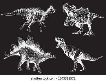 Graphical set of dinosaurs isolated on black background,vector engraved illustration,elements