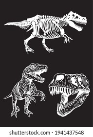 Graphical set of dinosaurs isolated on black ,vector  engraved illustration