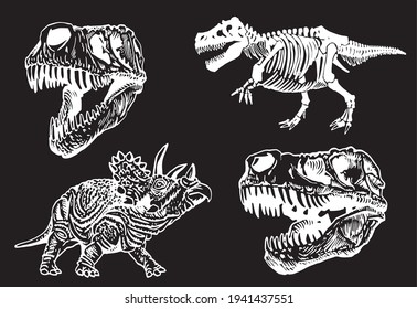 Graphical set of dinosaurs isolated on black ,vector  engraved illustration