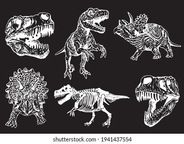 Graphical set of dinosaurs isolated on black ,vector  engraved illustration
